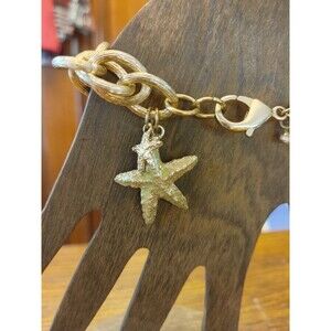 8" Heavy Goldtone Chain Link Charm Bracelet Painted Starfish Charm Rhinestn Drop
